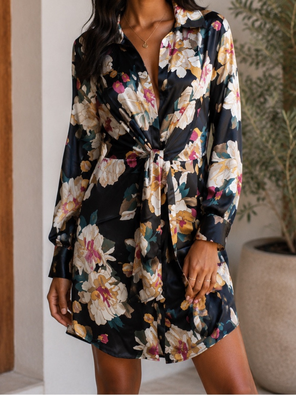 Forever 21 black floral long-sleeve dress V-neckline front tie detail medium d1